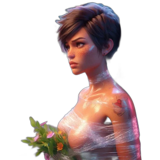dress, flower, robot, face, concept art, fantasy art, cyberpunk, 3d render transparent PNG cut-out