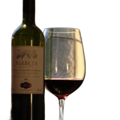 bottle, barbera, wine, stands, next, filled, glass, statue transparent PNG cut-out