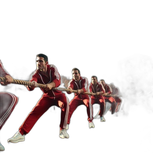 concept art, 3d render, fire, group, men, red, tracksuits, participate transparent PNG cut-out