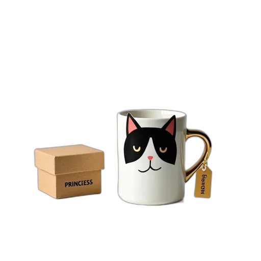 3d render, photorealistic, white, ceramic, mug, black, cat, design transparent PNG cut-out