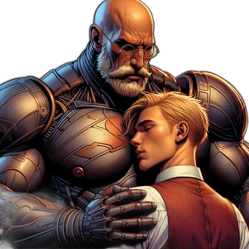 comic book art, concept art, two, men, older, one, wearing, metallic transparent PNG cut-out