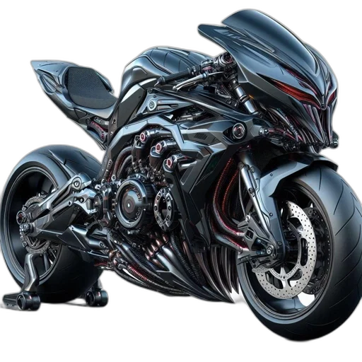weapon, photorealistic, 3d render, concept art, comic book art, futuristic, black, motorcycle transparent PNG cut-out