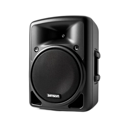 black, portable, speaker, circular, grille, samson, logo, front transparent PNG cut-out