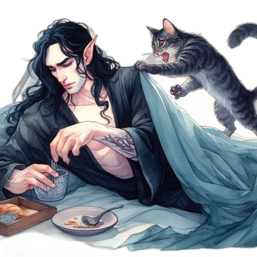 fantasy art, concept art, watercolor, comic book art, elf-like, figure, relaxes, bed transparent PNG cut-out