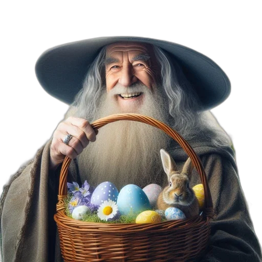 hat, fantasy art, photorealistic, elderly, wizard, basket, easter, eggs transparent PNG cut-out