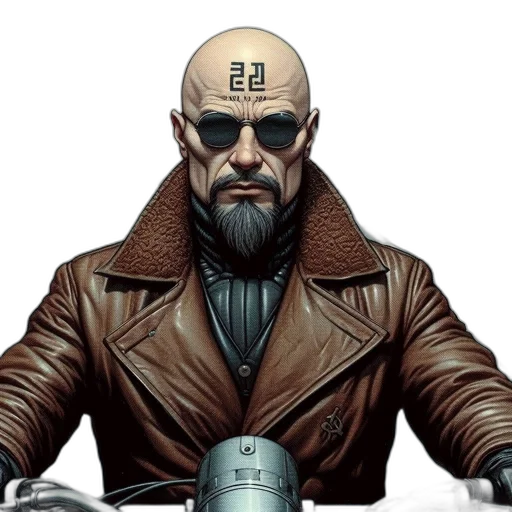 jacket, cyberpunk, concept art, comic book art, photorealistic, bald, man, goatee transparent PNG cut-out