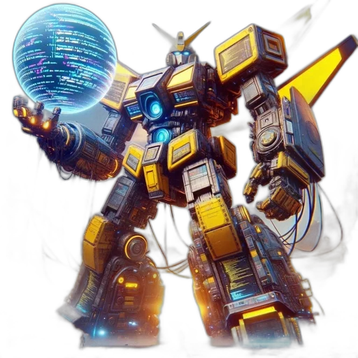 robot, weapon, concept art, 3d render, fantasy art, pixel art, outer space, golden transparent PNG cut-out