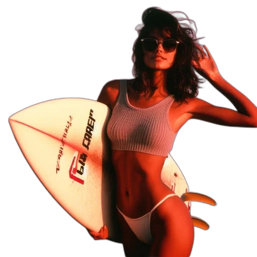 vaporwave, photorealistic, woman, beach, holds, surfboard, fish, brand transparent PNG cut-out