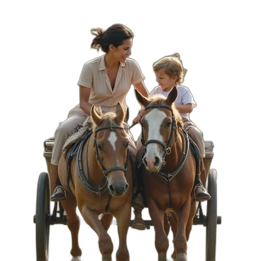 photorealistic, oil painting, earth tones, woman, riding, cart, her, two transparent PNG cut-out