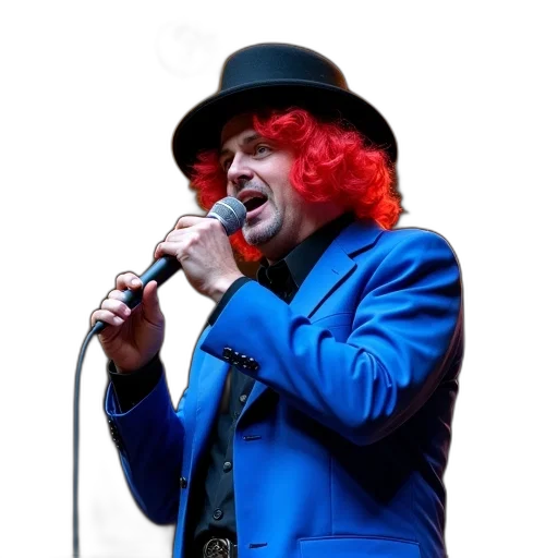 hat, jacket, staff, hair, performer, blue, suit, red transparent PNG cut-out