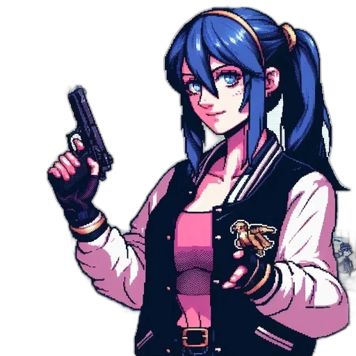 weapon, jacket, staff, pixel art, vaporwave, cyberpunk, anime, neon lights transparent PNG cut-out