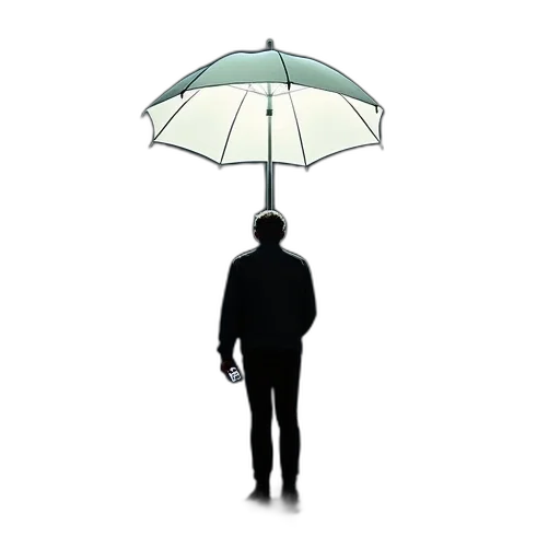 umbrella, staff, jacket, concept art, 3d render, rain, man, black transparent PNG cut-out