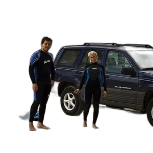 car, underwater, outer space, two, individuals, wetsuits, stand, next transparent PNG cut-out