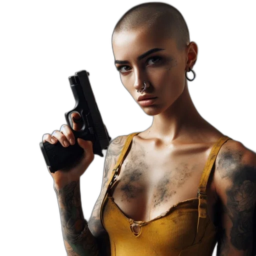 weapon, cyberpunk, photorealistic, concept art, comic book art, woman, shaved, head transparent PNG cut-out