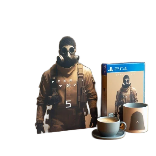 mask, weapon, face, concept art, playstation, box, positioned, wooden transparent PNG cut-out