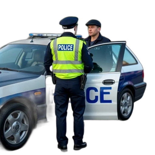 car, staff, jacket, weapon, police, officer, standing, next transparent PNG cut-out