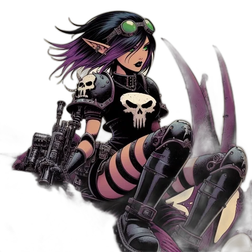 weapon, concept art, comic book art, cyberpunk, fantasy art, dark, woman, purple-streaked transparent PNG cut-out