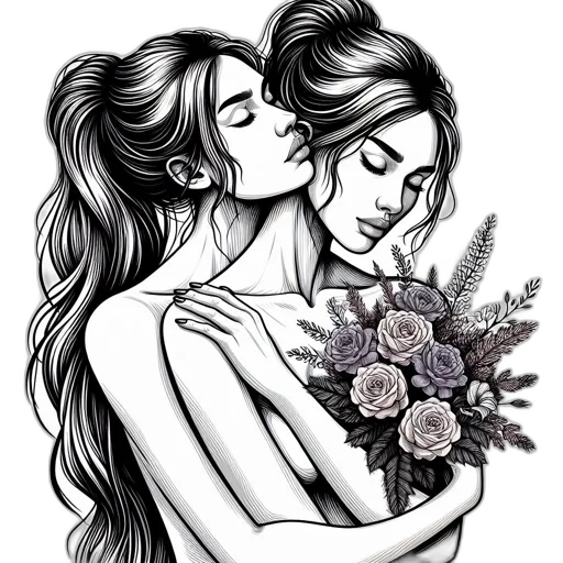 pencil sketch, photorealistic, cartoon, fantasy art, two, women, share, intimate transparent PNG cut-out