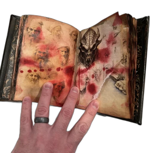 weapon, mask, open, book, worn-out, pages, featuring, sketches transparent PNG cut-out