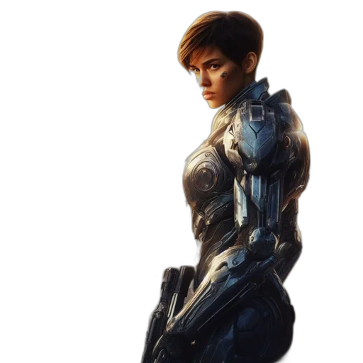 robot, dress, weapon, concept art, 3d render, cyberpunk, photorealistic, blue transparent PNG cut-out