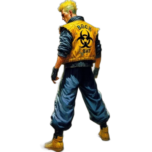 jacket, staff, weapon, concept art, pixel art, cyberpunk, comic book art, golden transparent PNG cut-out