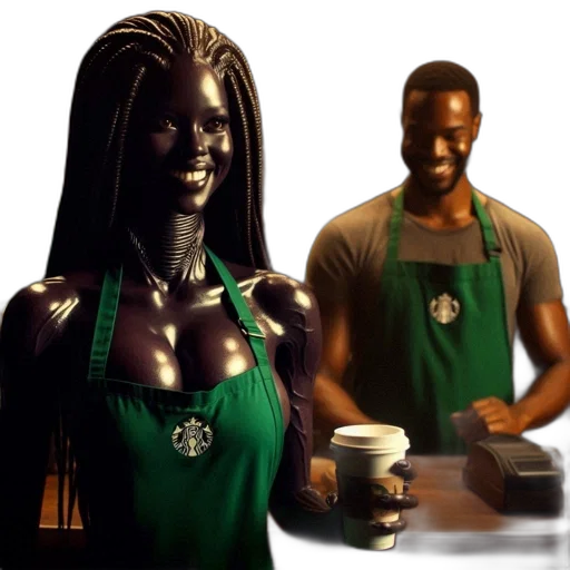 staff, robot, 3d render, concept art, photorealistic, comic book art, starbucks, scene transparent PNG cut-out
