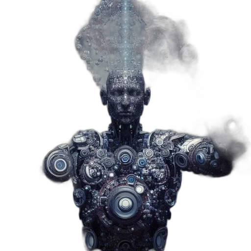 robot, staff, creature, mask, concept art, fantasy art, cyberpunk, 3d render transparent PNG cut-out