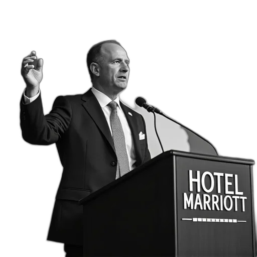 staff, photorealistic, man, suit, standing, podium, his, right transparent PNG cut-out