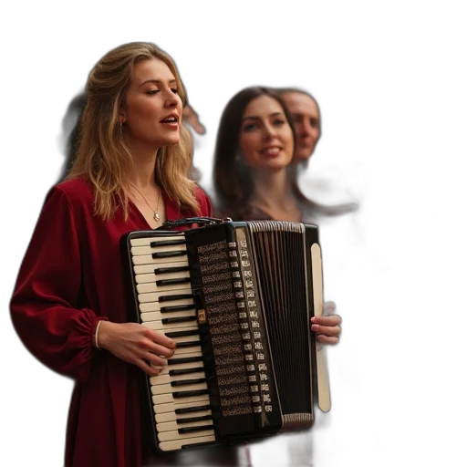 forest, fog, two, women, singing, playing, accordion, fiddle transparent PNG cut-out