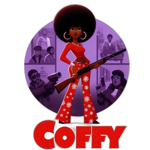 concept art, comic book art, cartoon, poster, coffy, woman, afro, hairstyle transparent PNG cut-out