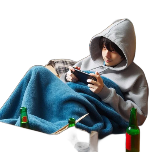 jacket, bottle, 3d render, concept art, cyberpunk, individual, likely, teenager transparent PNG cut-out