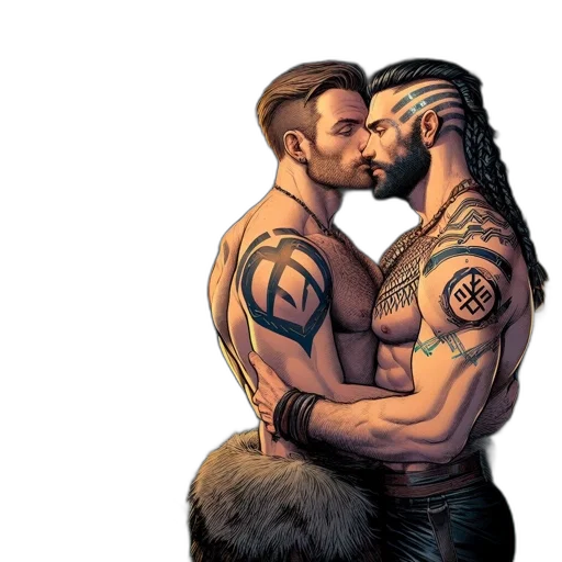 comic book art, fantasy art, concept art, two, figures, both, bearing, tribal transparent PNG cut-out
