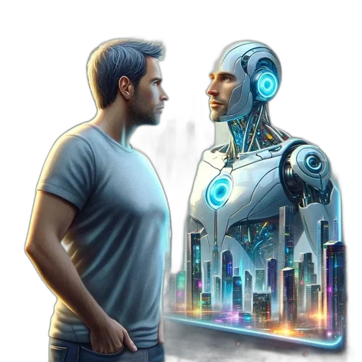 robot, concept art, comic book art, cyberpunk, 3d render, neon lights, city street, man transparent PNG cut-out