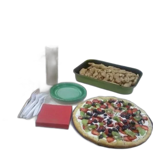 food, table, fruit, pizza, juice, boxes, paper, plates transparent PNG cut-out