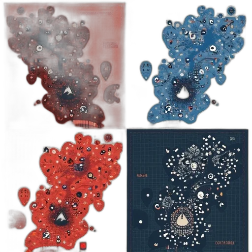 concept art, red, image, collage, four, different, maps, each transparent PNG cut-out