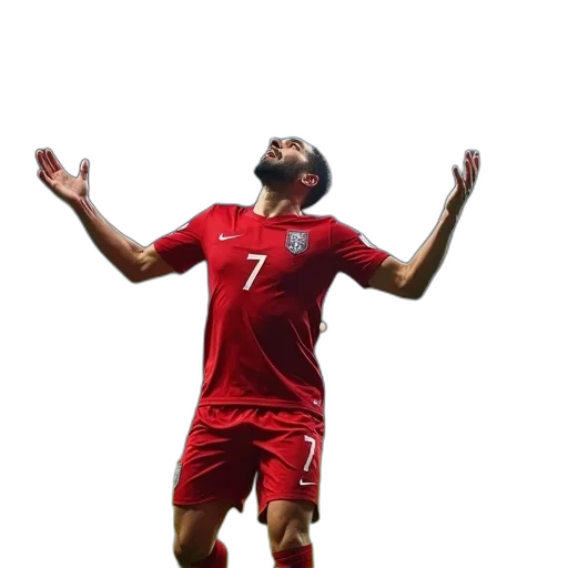 concept art, 3d render, soccer, player, red, jersey, number, celebrating transparent PNG cut-out
