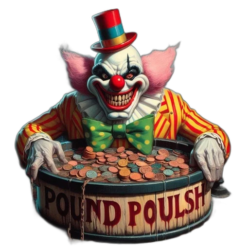 concept art, sinister-looking, clown, holds, court, beside, coin-filled, barrel transparent PNG cut-out