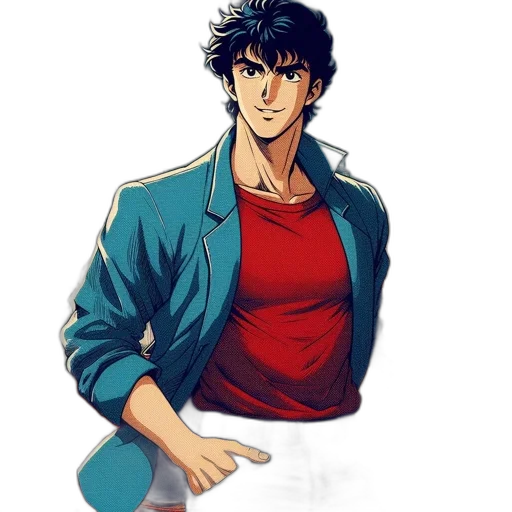 jacket, staff, face, anime, concept art, pixel art, cartoon, blue transparent PNG cut-out