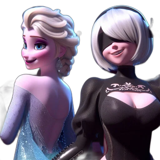 concept art, 3d render, cartoon, comic book art, two, animated, females, one transparent PNG cut-out
