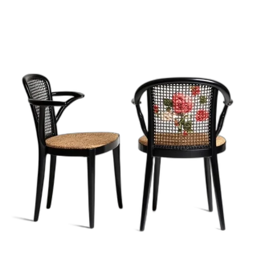 furniture, 3d render, pair, modern, black, chairs, woven, seat transparent PNG cut-out