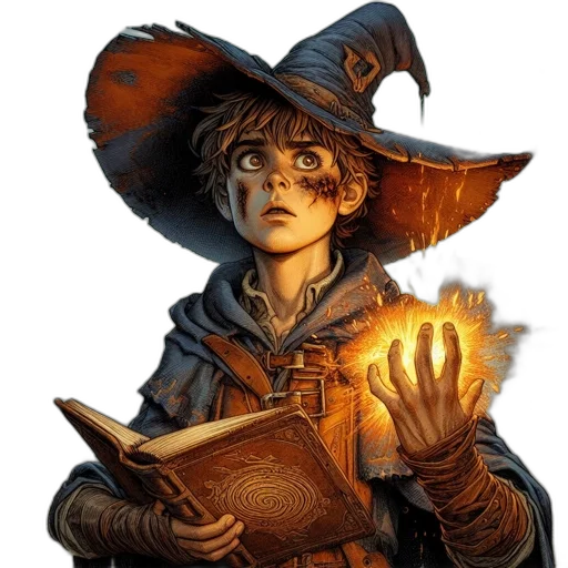 hat, staff, face, fantasy art, concept art, comic book art, photorealistic, fire transparent PNG cut-out