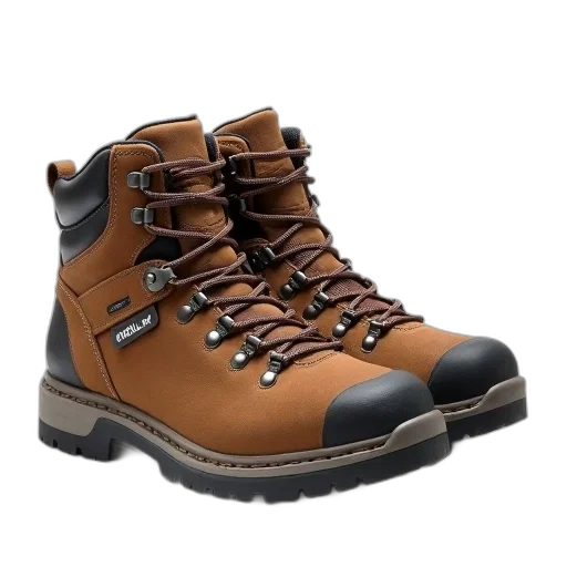 shoes, 3d render, pair, brown, hiking, boots, rugged, design transparent PNG cut-out