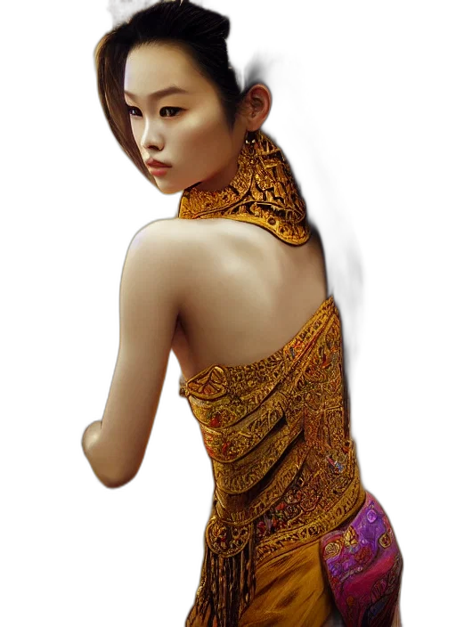 dress, jewelry, staff, photorealistic transparent PNG cut-out
