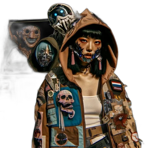 jacket, mask, face, robot, cyberpunk, concept art, 3d render, comic book art transparent PNG cut-out