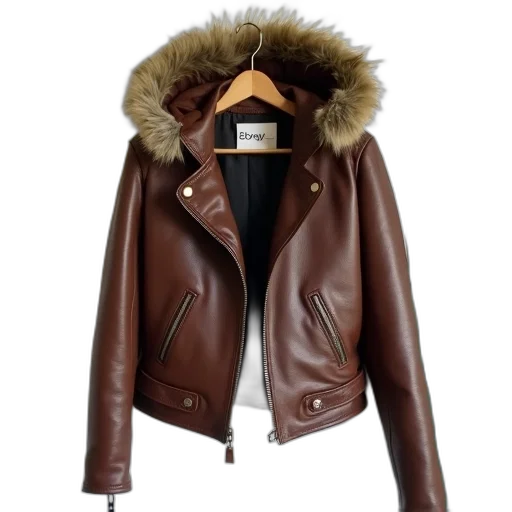 jacket, earth tones, brown, leather, fur-lined, hood, displayed, hanger transparent PNG cut-out