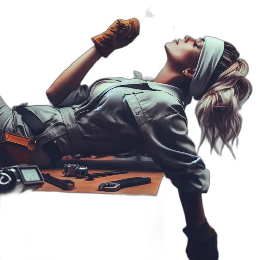 jacket, weapon, concept art, cyberpunk, comic book art, photorealistic, woman, light-colored transparent PNG cut-out