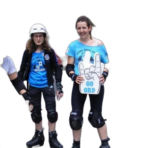 two, roller, derby, players, stand, front, red, bus transparent PNG cut-out