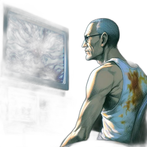 robot, concept art, cyberpunk, comic book art, watercolor, elderly, man, seated transparent PNG cut-out