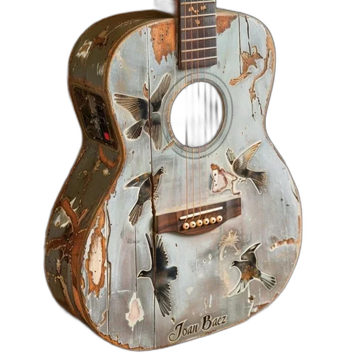 photorealistic, 3d render, acoustic, guitar, distressed, weathered, look, bird transparent PNG cut-out