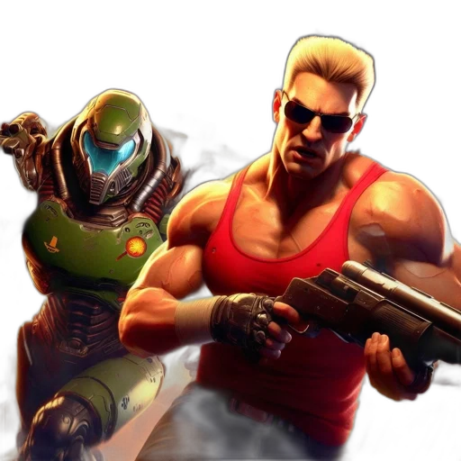 weapon, concept art, comic book art, pixel art, 3d render, two, individuals, face transparent PNG cut-out